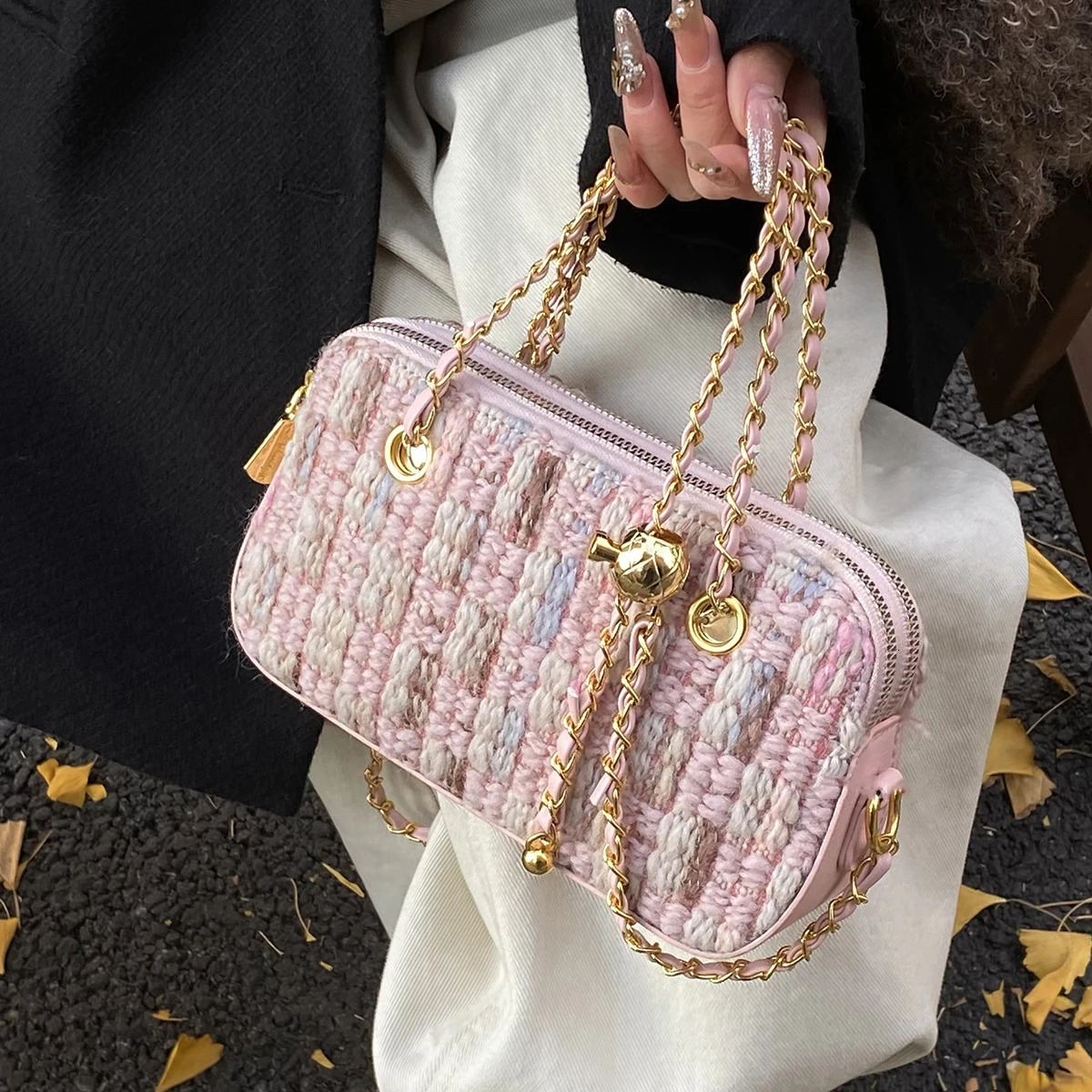 Elegant Women Pink Tweed Shoulder Bag Contrast Color Soft Crossbody Chain Bags Large Capacity Female All-match Evening Packs 250801