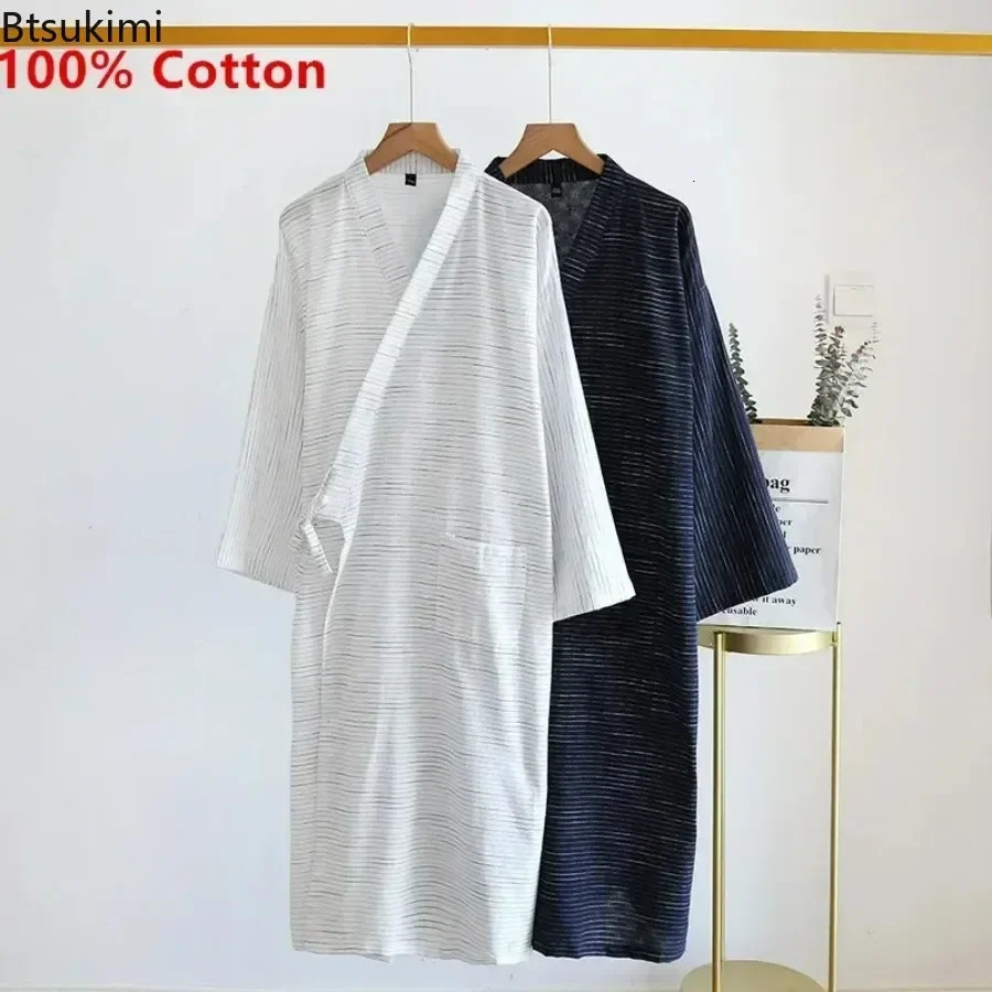 Mens Long Style Bathrobe Cotton Cloth Spring Summer Robe Mens Striped Sweat Steaming Wear Home Bath Robes for Man Dress 250801