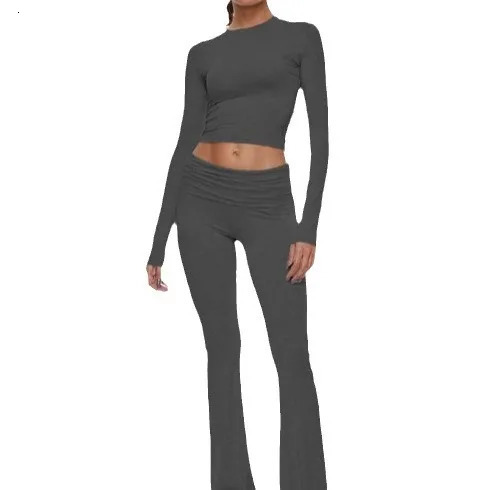 Autumn Womens Solid Color Suit Round Neck Short Tight Low Waist Flare Pants Two-piece Set Street Trends 250801