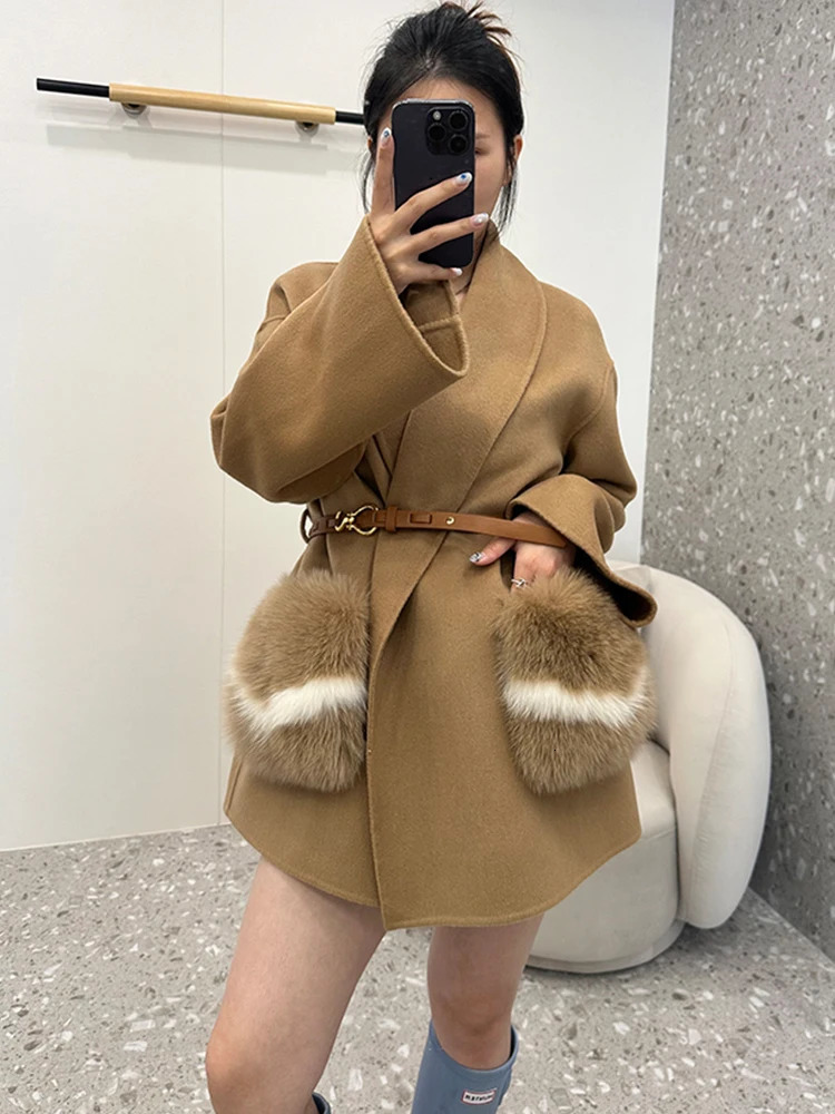 Fashion Winter Womens Wool Cloak Cashmere Warm Bat Shirt Jacket Natural Fox Fur Pockets Coat Thick Coat 250801