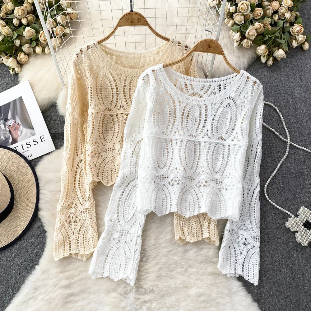 Sweaters Women O Neck Hollow Out Sunscreen Long-sleeved Holiday Beach Pullovers Summer Solid Color Tops Cropped Drop 250801