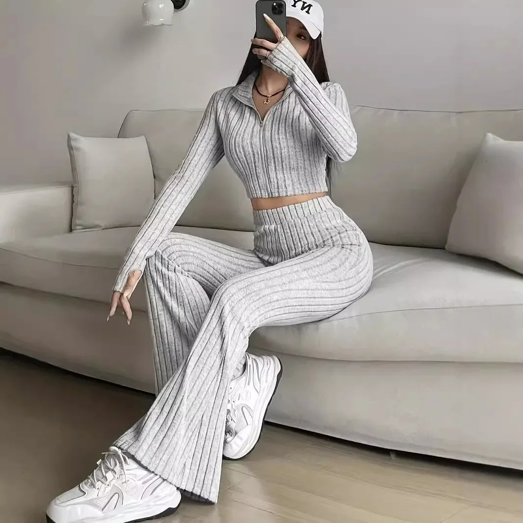 Fashionable Solid Color Striped 2-Piece Set Zipper Long Sleeve Cropped Top And High-Waisted Bell-Bottom Pants Womens Casual 250801