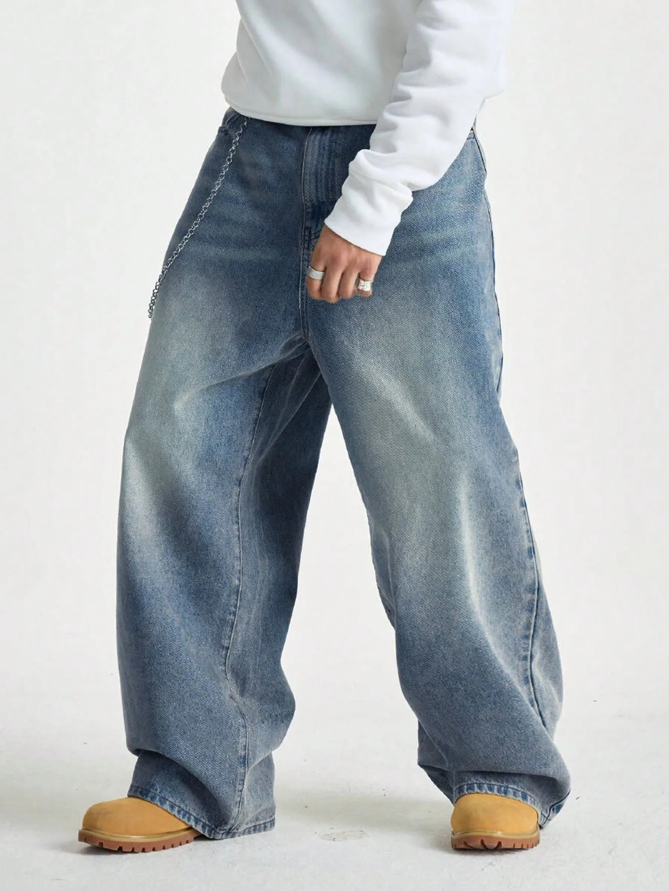 1Pc Mens Wide Pants Brushed Jeans Y2K Rocks Buggy Black HipHop 250807