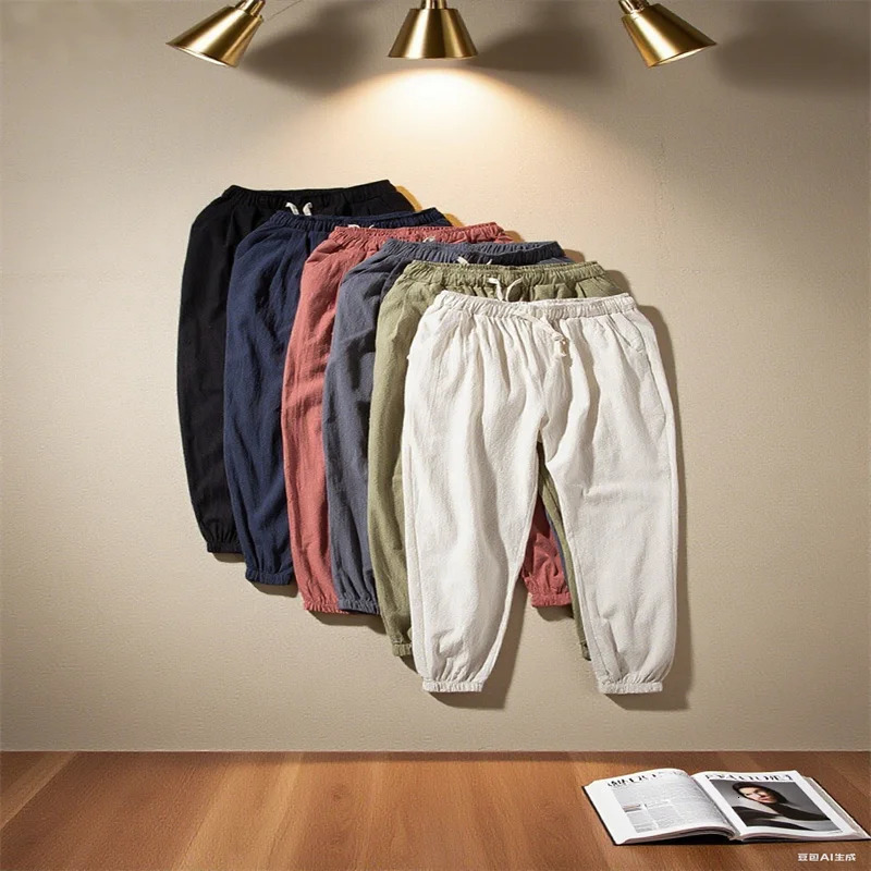 2025 street wear men cotton pants casual solid color breathable drawstring straight leg harem loose 250729
