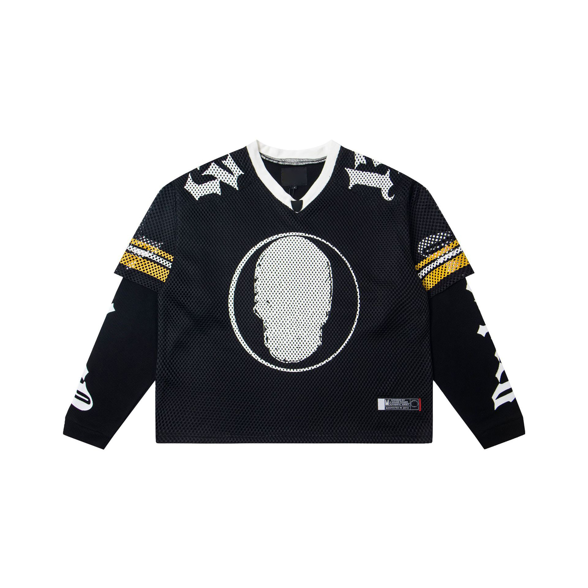 Godspeeded Long Sleeve Designer Shirt Letter Skull Print Mesh Soccer Jersey Graphic Tee Vintage Hip Hop Loose Breathable Sportswear Gods Speeds Netb