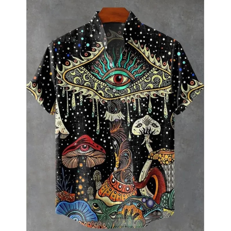 2025 Printed Mens Linen Blended Short Sleeve Shirt Retro African Tribal Totem Pattern Street Fashion Tops Vintage Man 250731