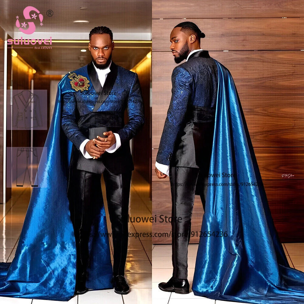 Shiny Royal Satin Suits For Men Customized 3 Piece Jacket with Long Cape Pants Set Formal Groom Wedding Party Prom Tuxedo 250807