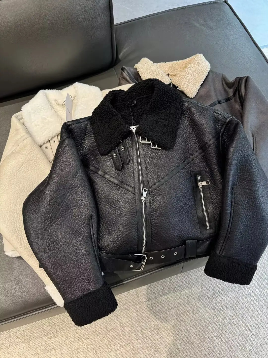 BSK TRAF autumn and winter womens clothing lapel belt decorated with fur one-piece fleece motorcycle jacket short coat 250807