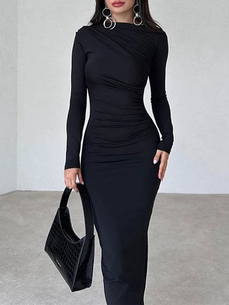 Women Elegant Solid Black Bodycon Maxi Dress Long Sleeve Lady O-neck Evening Party Vestidos Robe 250728