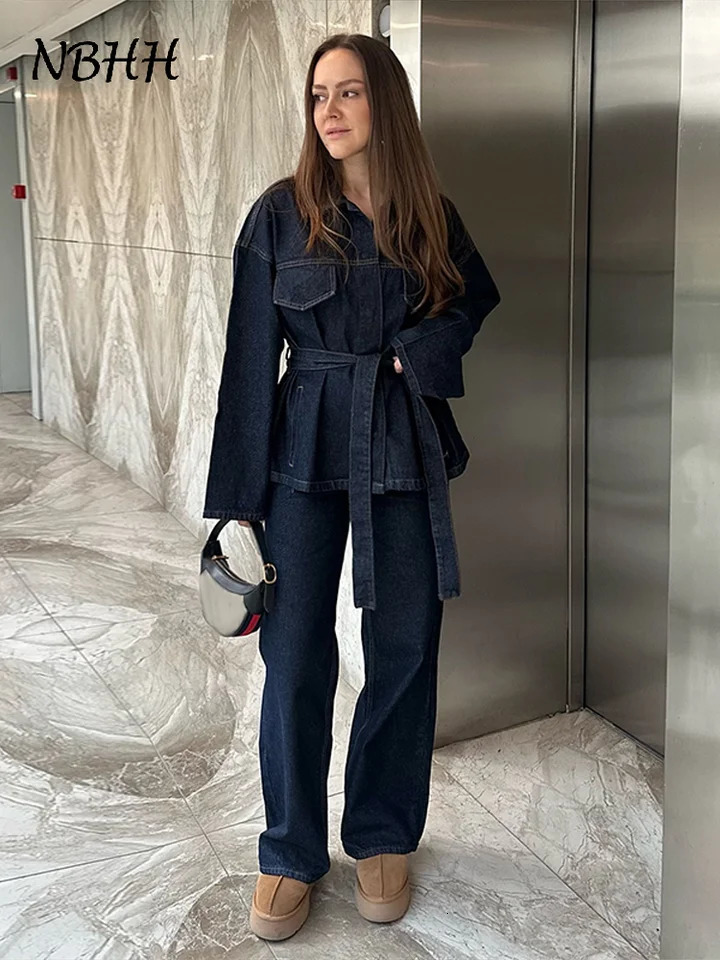 Vintage Belt Denim Jacket Pants Sets Women Lapel Single Breasted Lace Up Coat Straight Trousers 2025 Autumn Loose Lady Outfits 250804