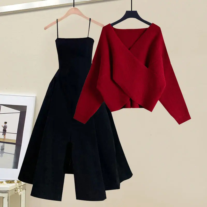 Plus Size Womens Clothing Knitted Pullover Sweater Sexy Sling Dress Two Pieces Sets Solid Fashion Casual 250801