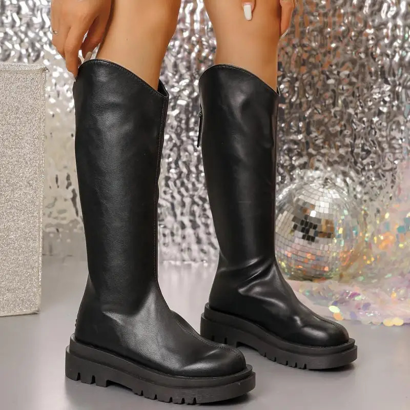 Sexy Pu Solid Black Knee High Boots Women Fashion Back Zippers Knight Long Boots Winter Autumn Medium Heel Shoes Plus Size 250806