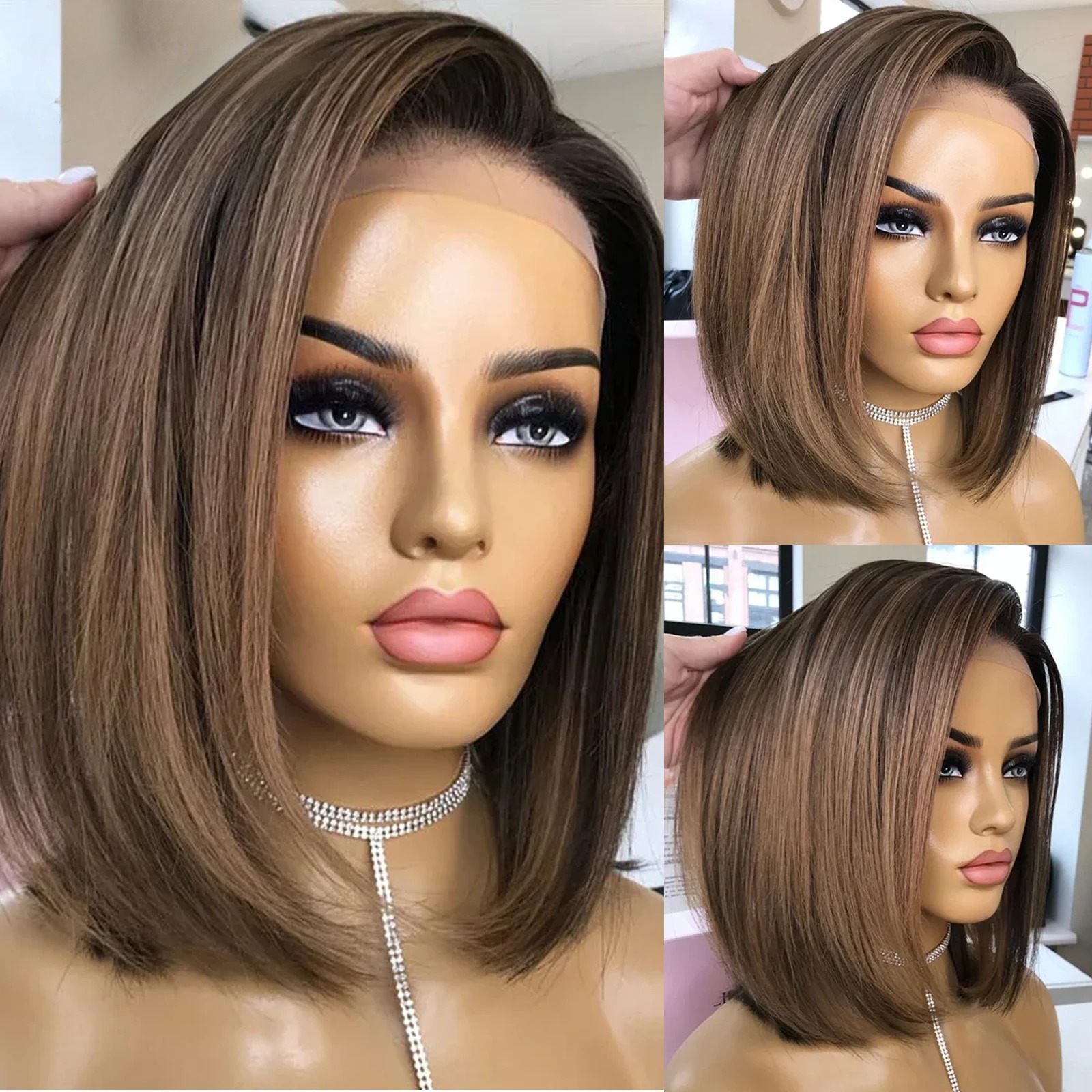 Brun court bob raide cheveux humains 13x4 dentelle perruque avant 200 usure de densité et de perruque sans glue hd perruques frontales en dentell