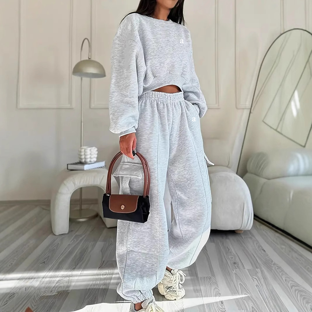A2150 Women Sweater Set Autumn and Winter New Personalized Street Round Neck Short Pullover Sweaterpant Gym Suit for Women