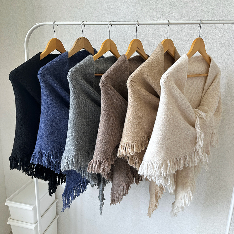K1620 New autumn and winter high-end Korean versatile tassel thick warm outer wear triangle scarf knitted wool scarf shawl