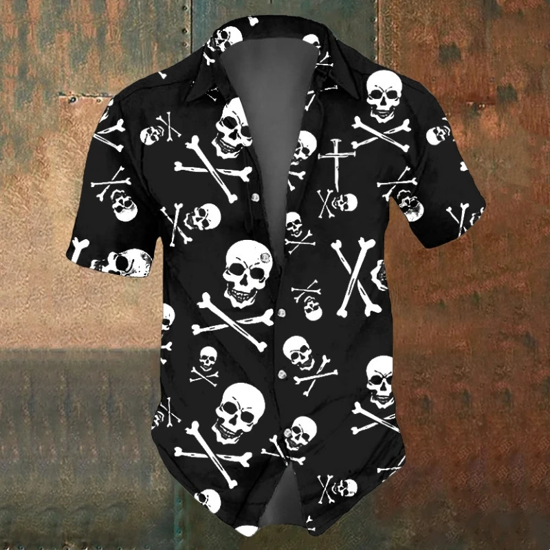 Retro Mens Shirts Small Skull Print Short Sleeve Loose Oversized Hawaiian Shirt Fashion Man Clothes Black For Men 250807