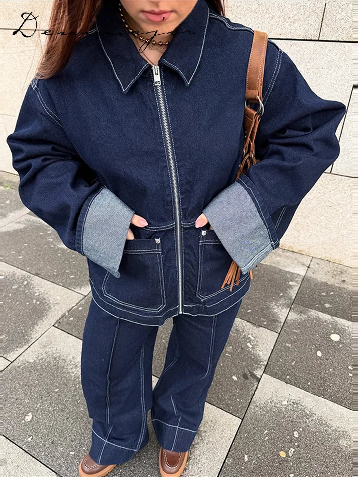 Patchwork Denim Jackets Pants Sets Women Baggy Lapel Zipper Pocket Top Straight Leg Pants 2025 Spring Casual Street Female Suits 250804