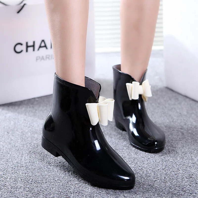 Short-tube Womens Rain Shoes Spring and Autumn Rain Boots Knot-bow Low-top Boots White-collar Waterproof Shoes Rubber Overshoes 250806