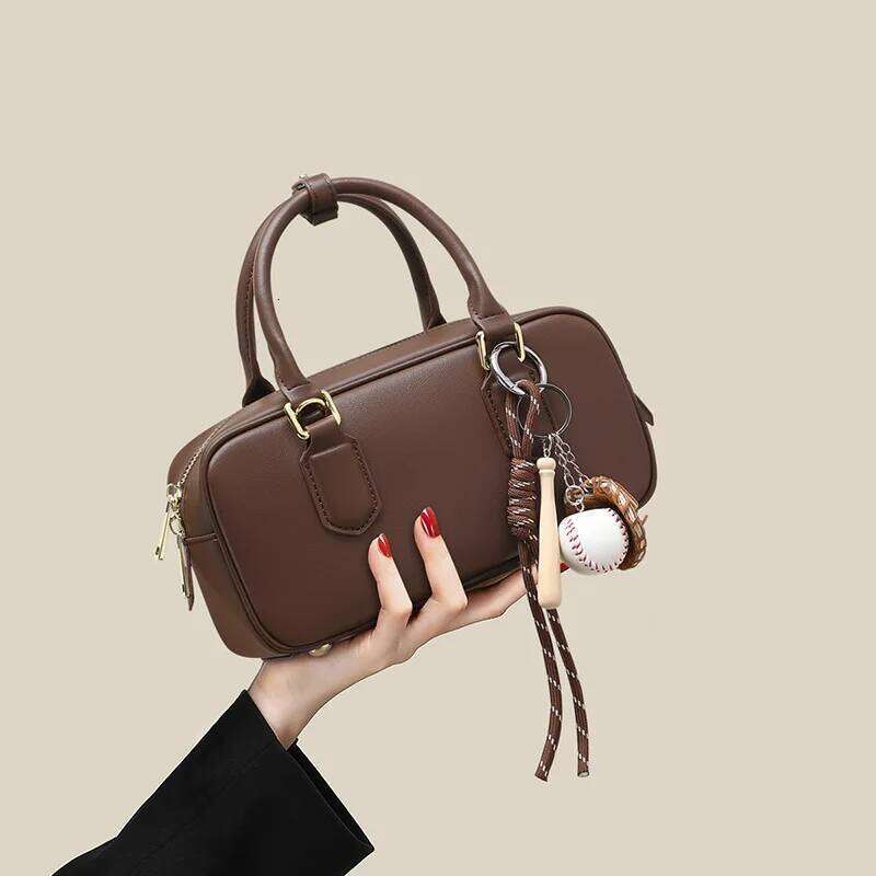 Vintage Solid Colour Handbag High Quality Leather Ladies Shoulder Large Capacity Women's Bowling Bag Fashion Girls Handbags