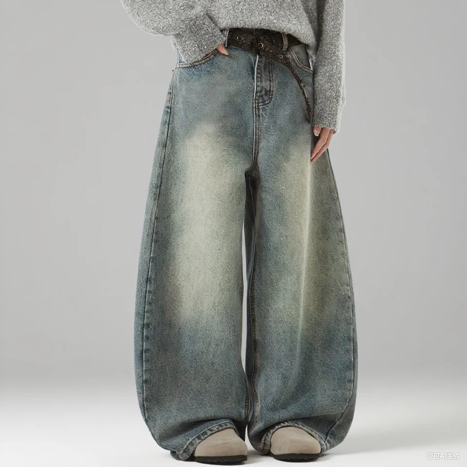 Mens Wear Blue WideLeg Denim Pants Baggy Jeans Vintage Threedimensional Cut Curved Knife Loose Fit Summer Trend 250807