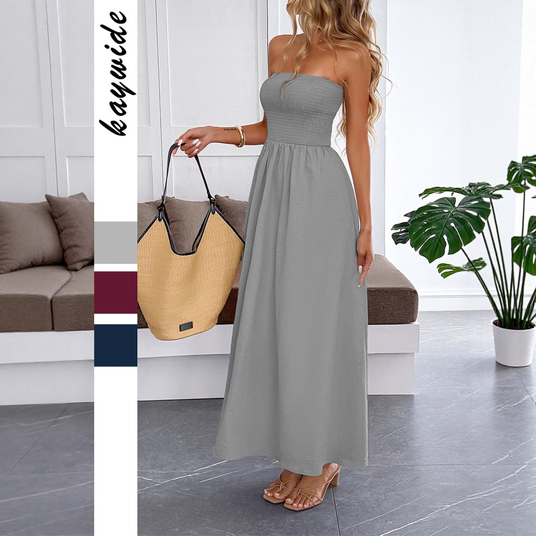 Casual Vacation Strapless Waist Cinching Long Dress Women's Fashion 2025 Autumn Winter Independent