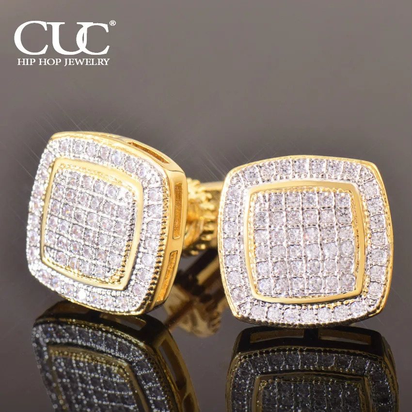 CUC 12MM Square Stud Earring Iced Out Cubic Zirconia Women Screw/Push Men Earrings Hip Hop Jewelry Fashion Gift 250807