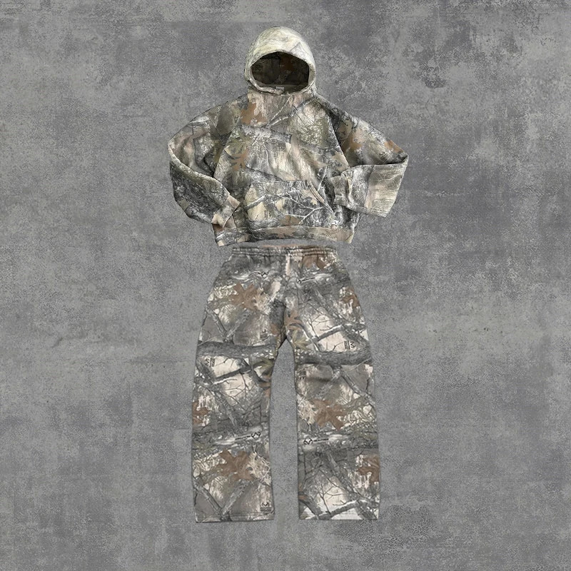 2 Pcs Outerwear Co-ords Y2K Retro Camo Men Zipper Hoodie Camouflage Pattern Streetwear Hip Hop Unisex Oversized Sweatshirt Sets 250801