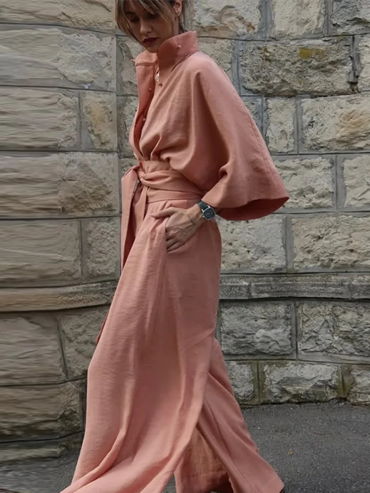 Elegant Formal Womens Linen Jumpsuit Loose Fit Short Sleeve Belted Tie Waist Casual Solid High Neck Romper Daily Outfit 250807