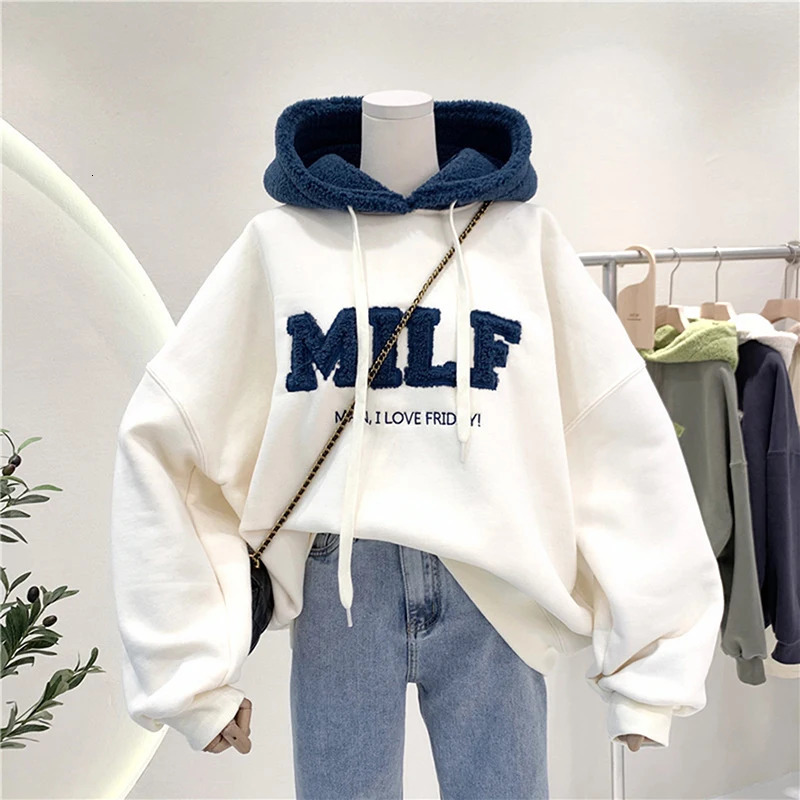 Fashion Patchwork Oversize Sweatshirt Women Winter Casual Loose Cotton Thick Letter Long Sleeve Hoodies Female Streetwear 250805