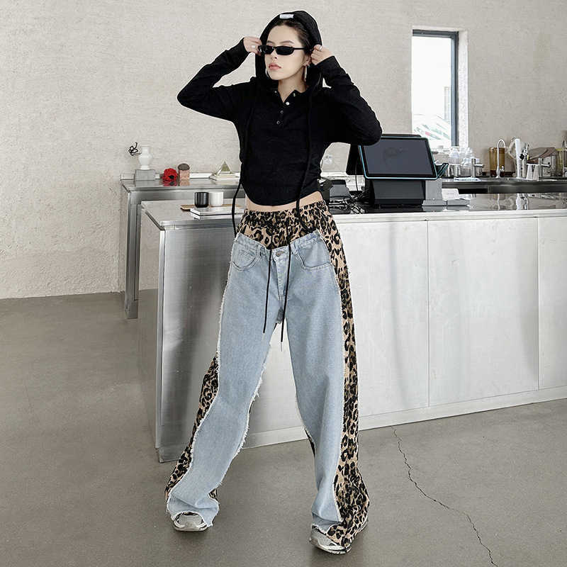 American Retro Leopard Print patché épaissis à jambes larges épaissis, nouvelles collections d'automne, pantalon décontracté à taille haute à la