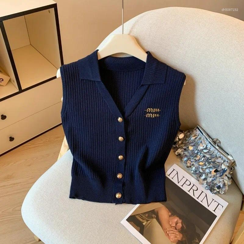 Women's Blouses 2025 Summer Korean Style Embroidered Lapel Single-breasted Knitted Sleeveless Versatile Temperament Tank Top