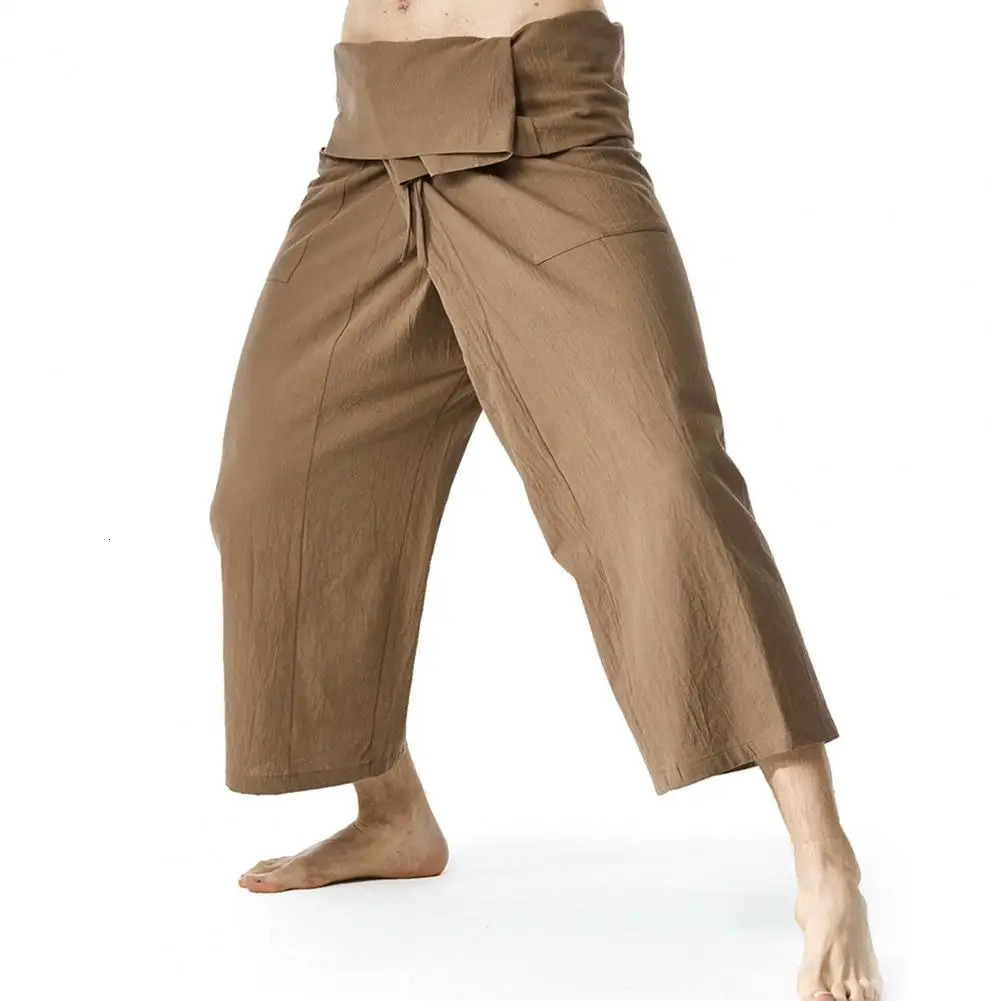 Flax Thai Fisherman Pants Loose Men Harem Trousers Solid Color Drawstring Wide Legs Martial Arts Casual Pirate 250729