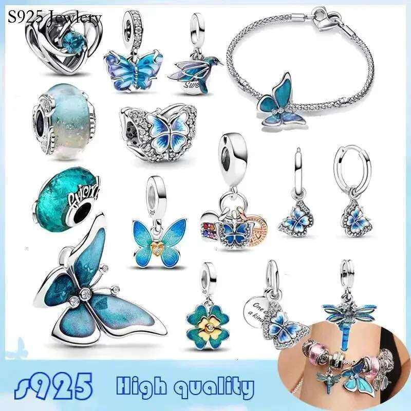 2025 NEW 2025 Charms 925 Sterling Silver Spinable Four Leaf Clover & Butterfly Dangle Charm Fits S925 Snake Bracelet Spring Series Jewelry