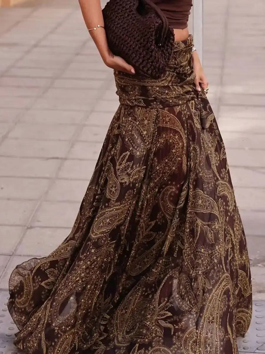 Irregular Printed Big Swing Long Skirts For Women High Waist Buttock Cover A-Line Maxi Skirt Female Vintage Bottom Clothes 250808