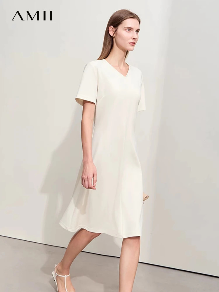 Amii Minimalism Summer Dress For Women Solid Vneck Shortsleeve Pullover Slim Midi Stretch Knit Female 12422004 250807