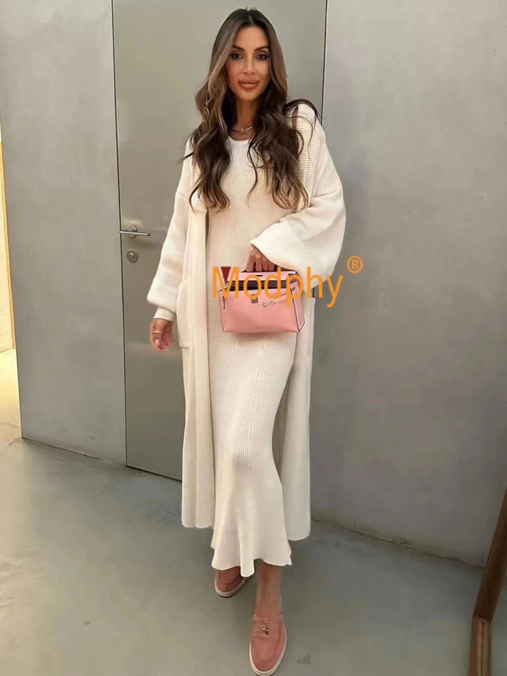 Modphy Solid Knitted Sweater Long Dress Set Women Oversized Long Cardigan Coat Sleeveless Slim Dress Two Piece Set Casual 250801