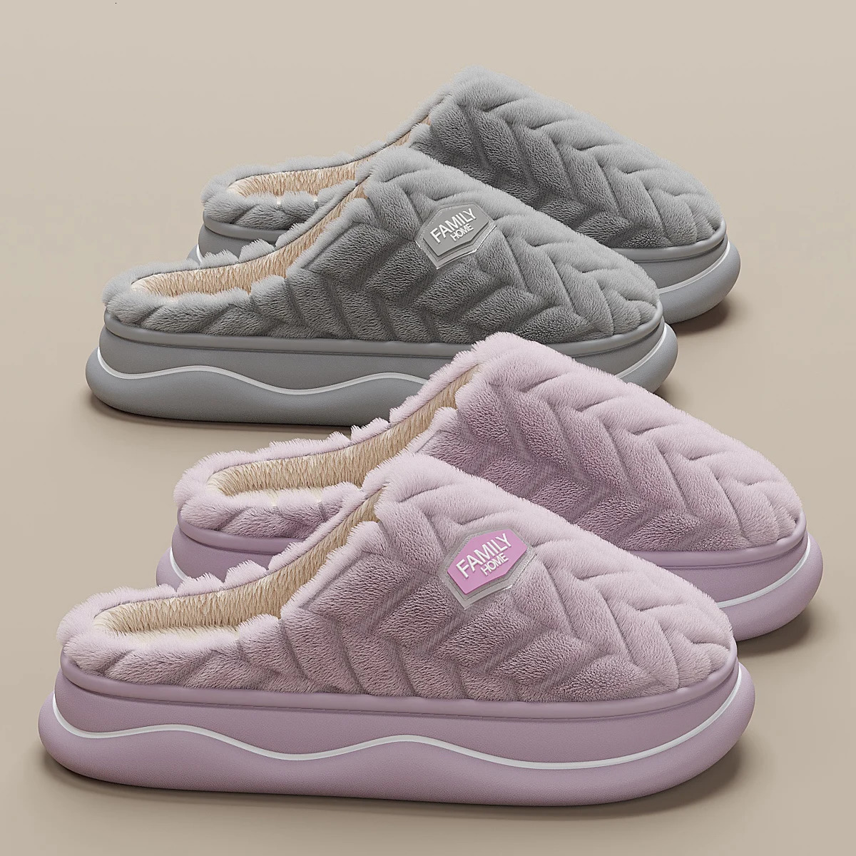 Winter Couple Style Basic Women Plush Slippers Non-slip Warm Thick Furry Men Home Cotton Shoes 250805