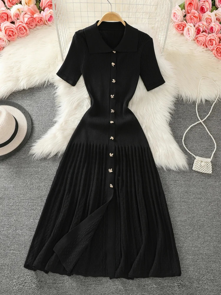 Summer Womens Black Beige Single Breasted Knitted Long Dress Green Elegant Office Lady Short Sleeve Pleated Dress Chic 250804