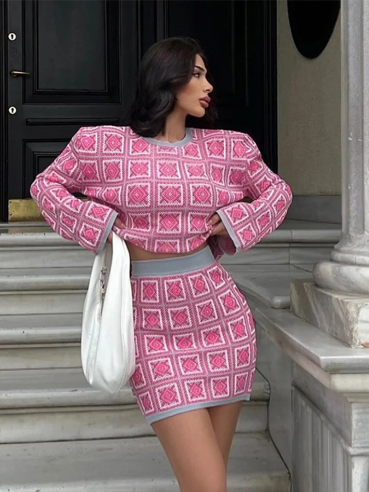 Knitted Suit For Women O-Neck Long Sleeve Short Top High Waist Hip Package Skirt Pink Lady Set 2025 Casual Suit Outfits 250804