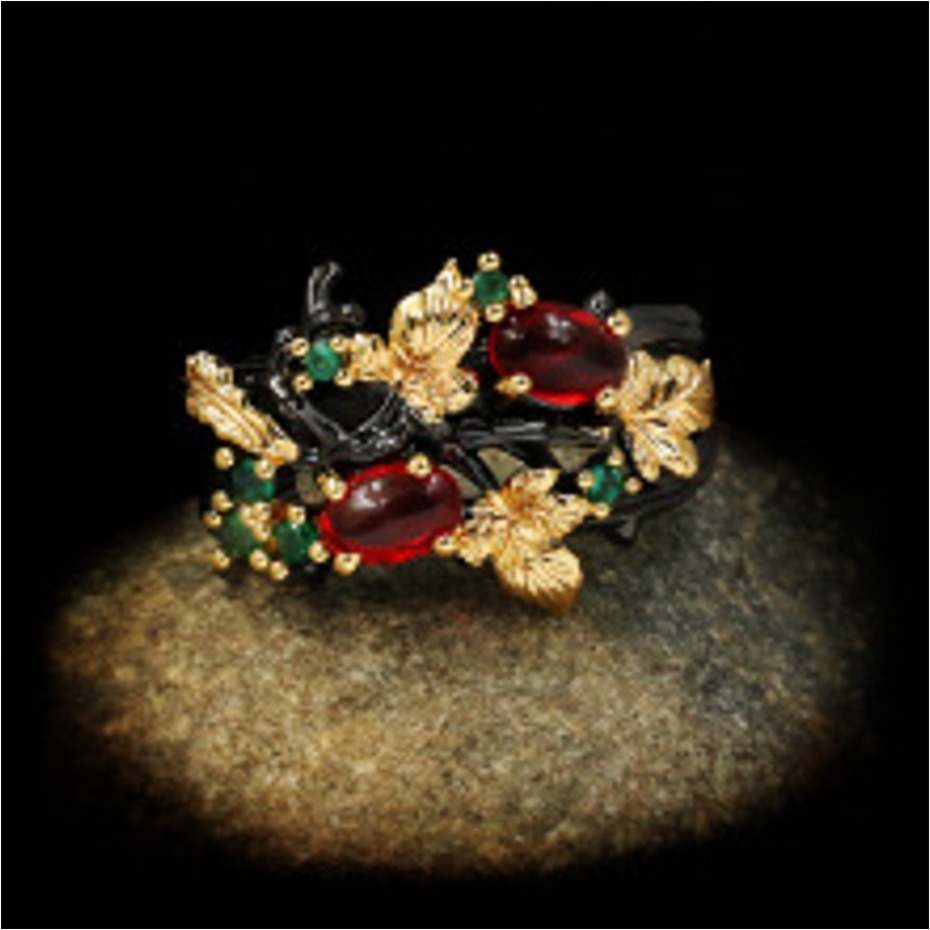Black Gold Tone Vine Leaf Ring With Oval Red Gem Green Accents Bohemian And Fantasy Outfit Accessory Gift For Her Artistic And Vintage-Inspired Jewe