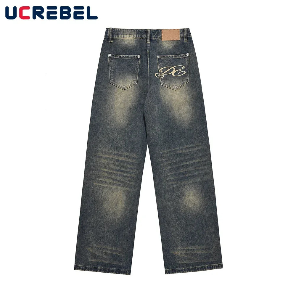 Retro Casual Denim Wide Leg Mens Y2K Streetwear Washed Blue Straightleg Pants Men Jeans 250807