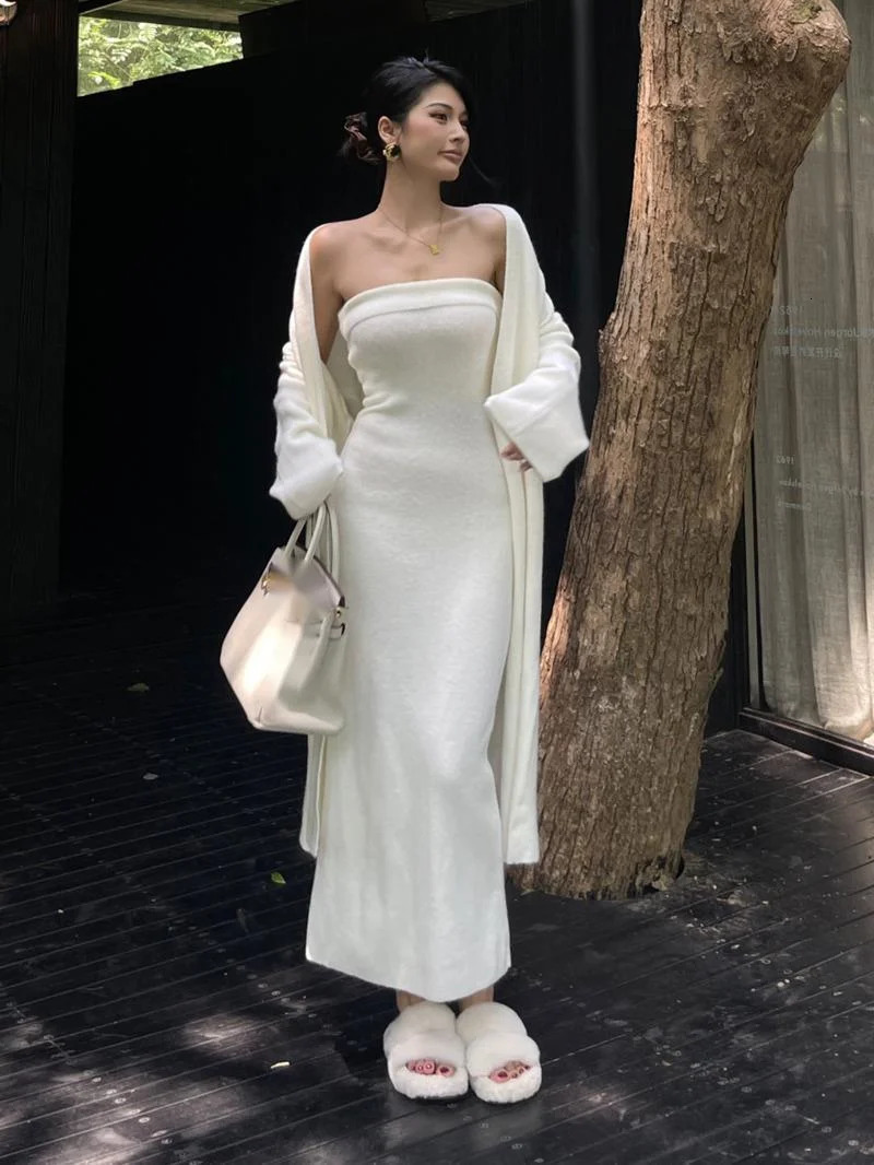 Strapless Bag Hip Dressknitted Long Sweater Cardigan Two-piece Set For Womens Autumn Style Fashion Women Set Korean 9XR9 250801