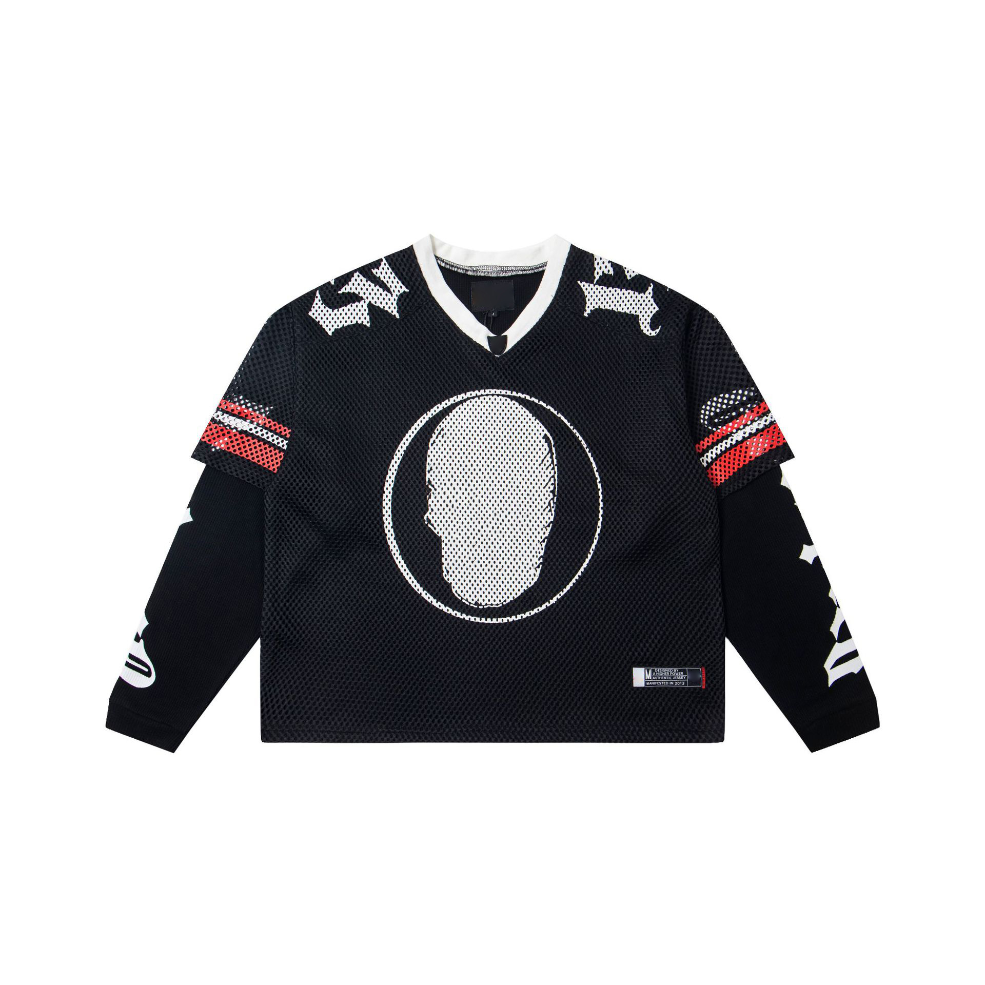 Godspeeded Long Sleeve Designer Shirt Letter Skull Print Mesh Soccer Jersey Graphic Tee Vintage Hip Hop Loose Breathable Sportswear Gods Speeds Netb
