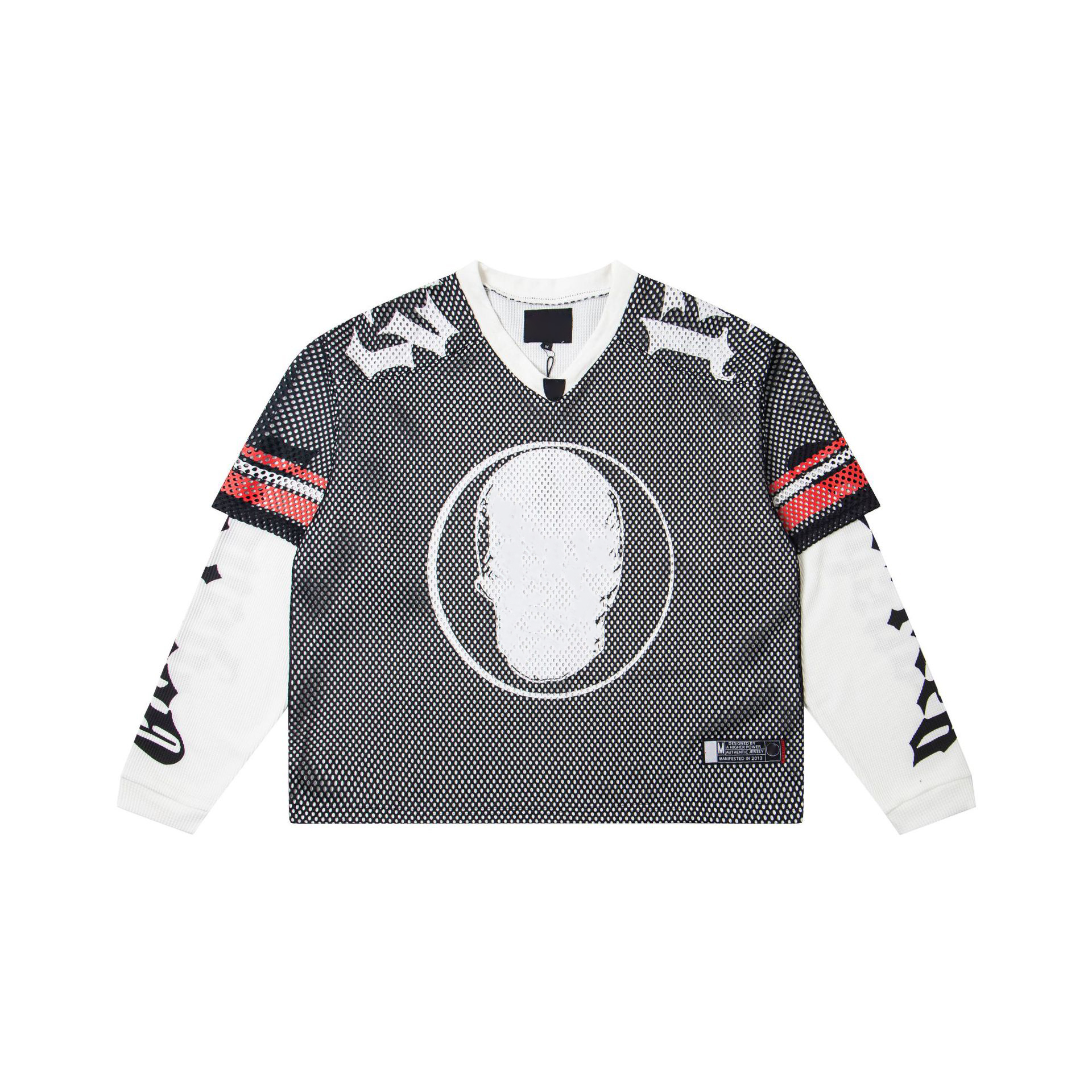 Godspeeded Long Sleeve Designer Shirt Letter Skull Print Mesh Soccer Jersey Graphic Tee Vintage Hip Hop Loose Breathable Sportswear Gods Speeds Netb