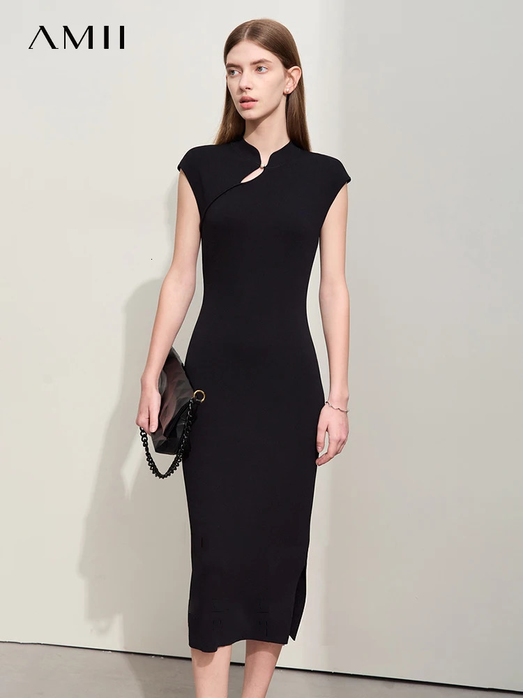 Amii Minimalism Summer Knit Dresses Solid High Elastic Slim Chinese Cheongsam Styling Retro Dress For Women 12442125 250807