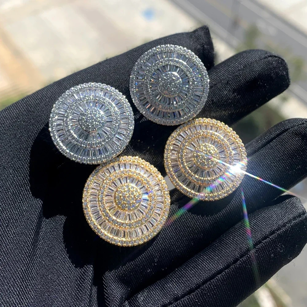 Gold Platinum Color Fashion Round Disc Round 23mm Stud Earrings For Women Girl Iced Out Bling 5A Cubic Zirconia CZ Jewelry 250807
