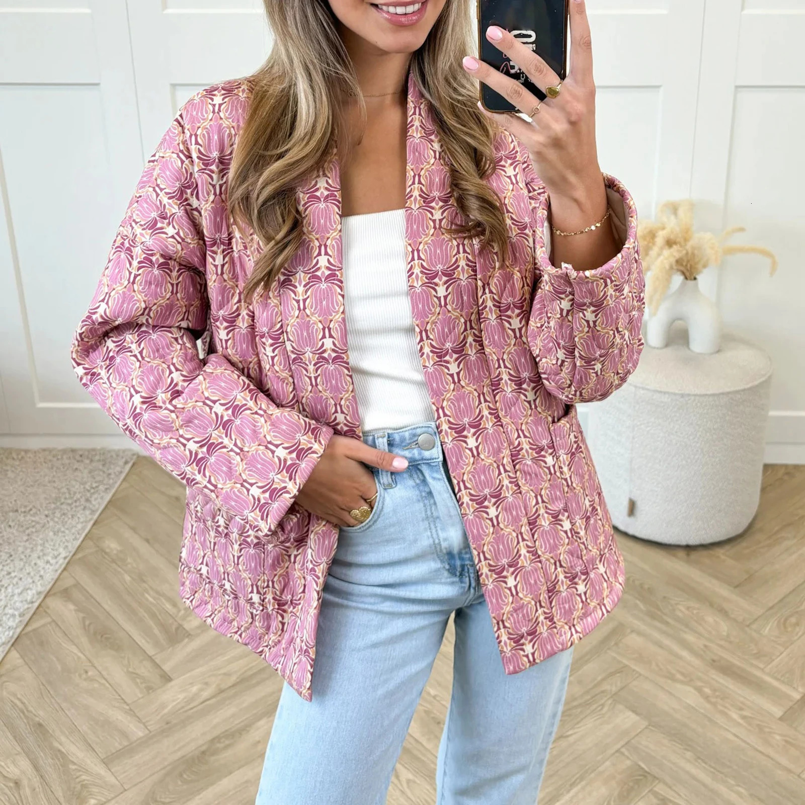 Combhasaki Womens Winter Y2K Vintage Loose Fit Padded Jacket Aesthetic Printed Open Front Quilted Long Sleeve Coat Cardigans 250801