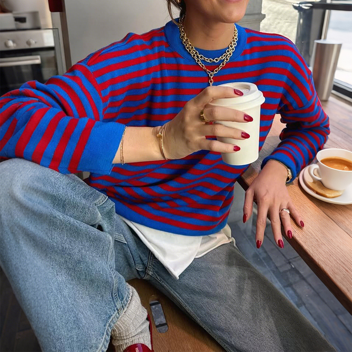 Casual Simple Striped Long Sleeve T-Shirt Knitted Women's Fashion 2025 Autumn Winter