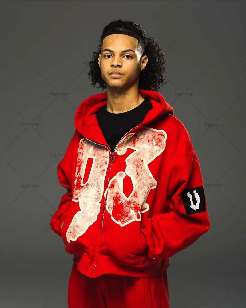 High Street Rock Letter Print Oversized Zip Up Hoodie Men Y2K Casual Harajuku HipHop Fashion Vintage Loose Sweatshirt Women 250818