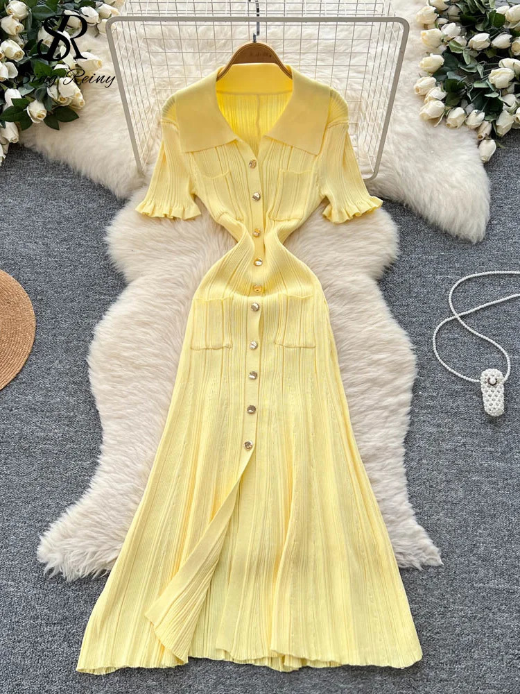 SINGREINY Fashion Knit OL Long Dress Women V Neck Single Breasted Elastic Slim Sundress Korean Simple Style Stripe 250807
